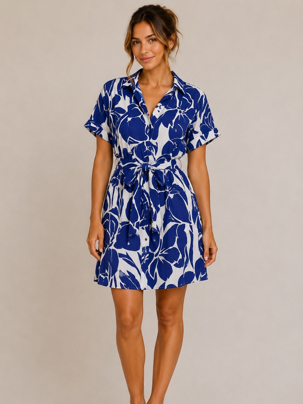ZARA Blue White Floral Belted Shirt Dress